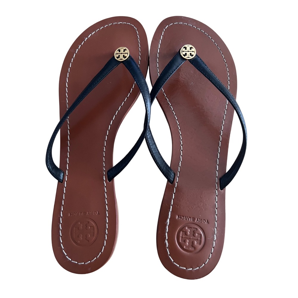 Tory Burch Black Tan Leather Gold Logo Thong Flip Flop Sandals Womens 9 Resort